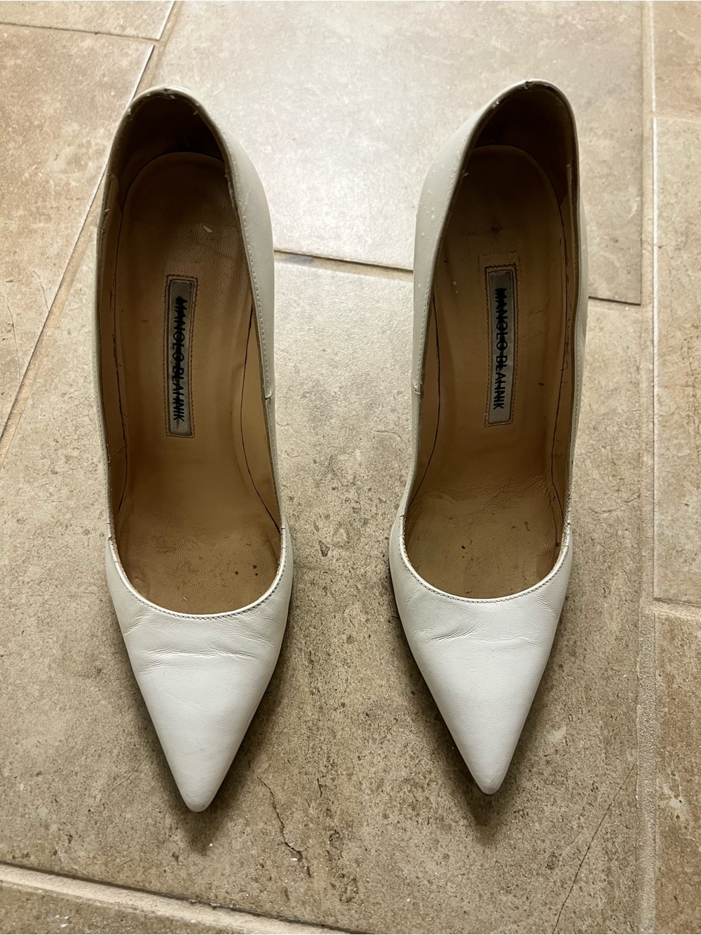 Manolo Blahnik White Pointed-Toe Leather Pumps